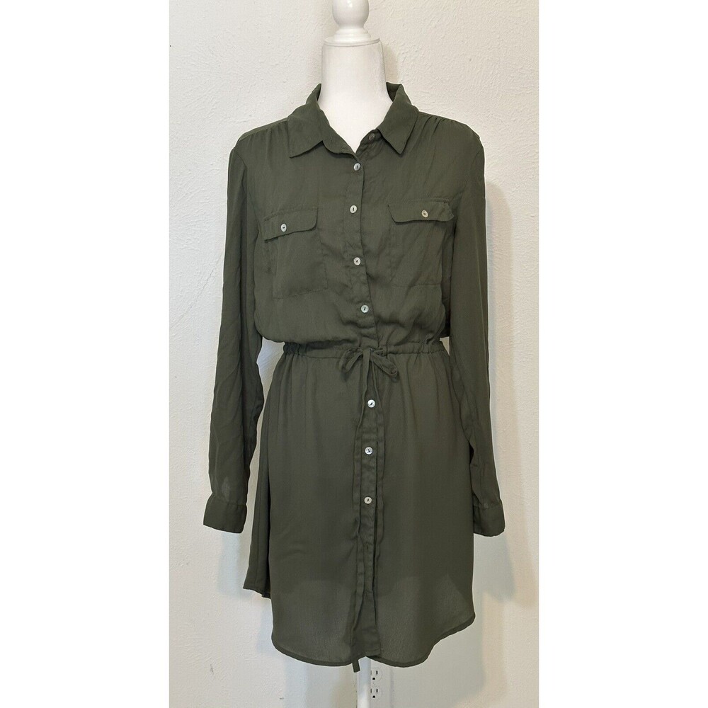 Japna Women Size XL Roll-Tab Sleeve Drawstring Belt Green Shirt Dress Office